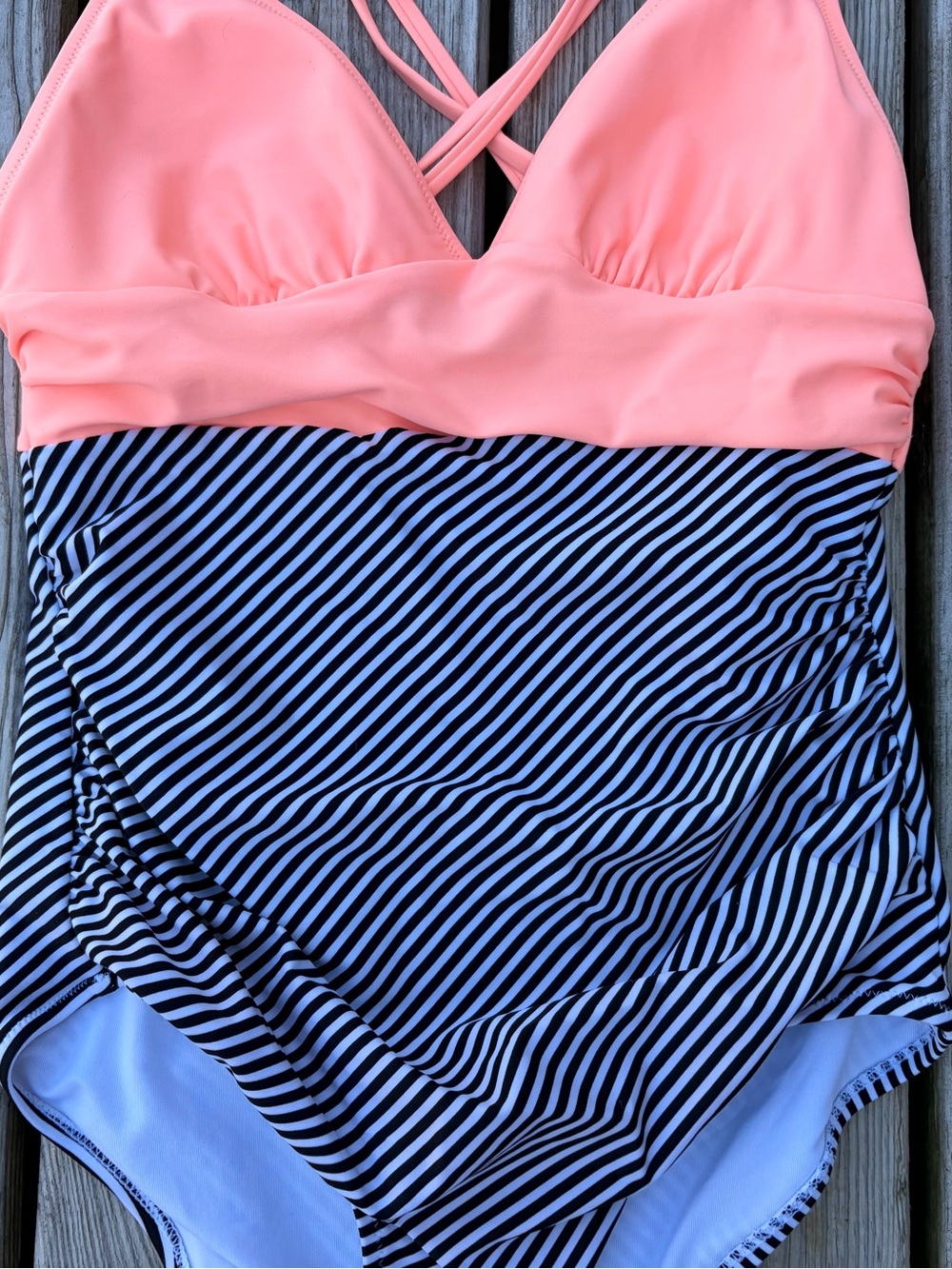 Cupshe One Piece Swimsuit Womens S Mixed Print Peach Black White Striped - Picture 4 of 8